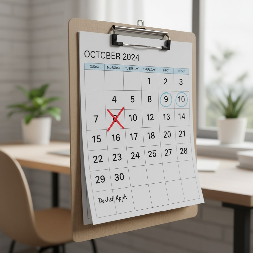 Un calendrier du mois d'octobre 2024 fixé sur un presse-papier dans un bureau, avec une date marquée d'une croix rouge.