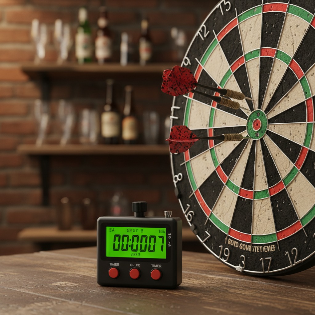 Une cible de fléchettes accrochée près d'un minuteur numérique noir posé sur une table en bois dans un bar.