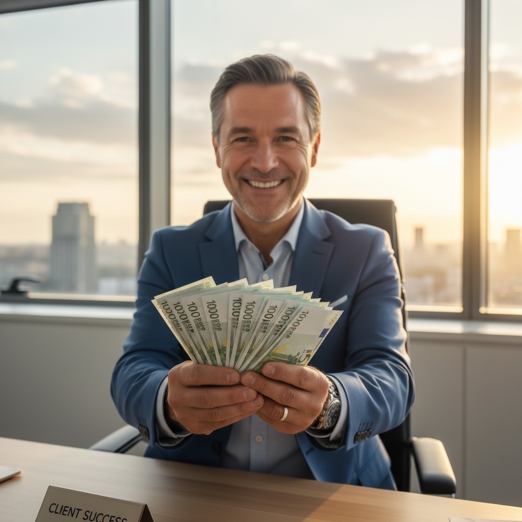 Un homme d'affaires souriant en costume bleu tient un éventail de billets de banque dans ses mains derrière un bureau.